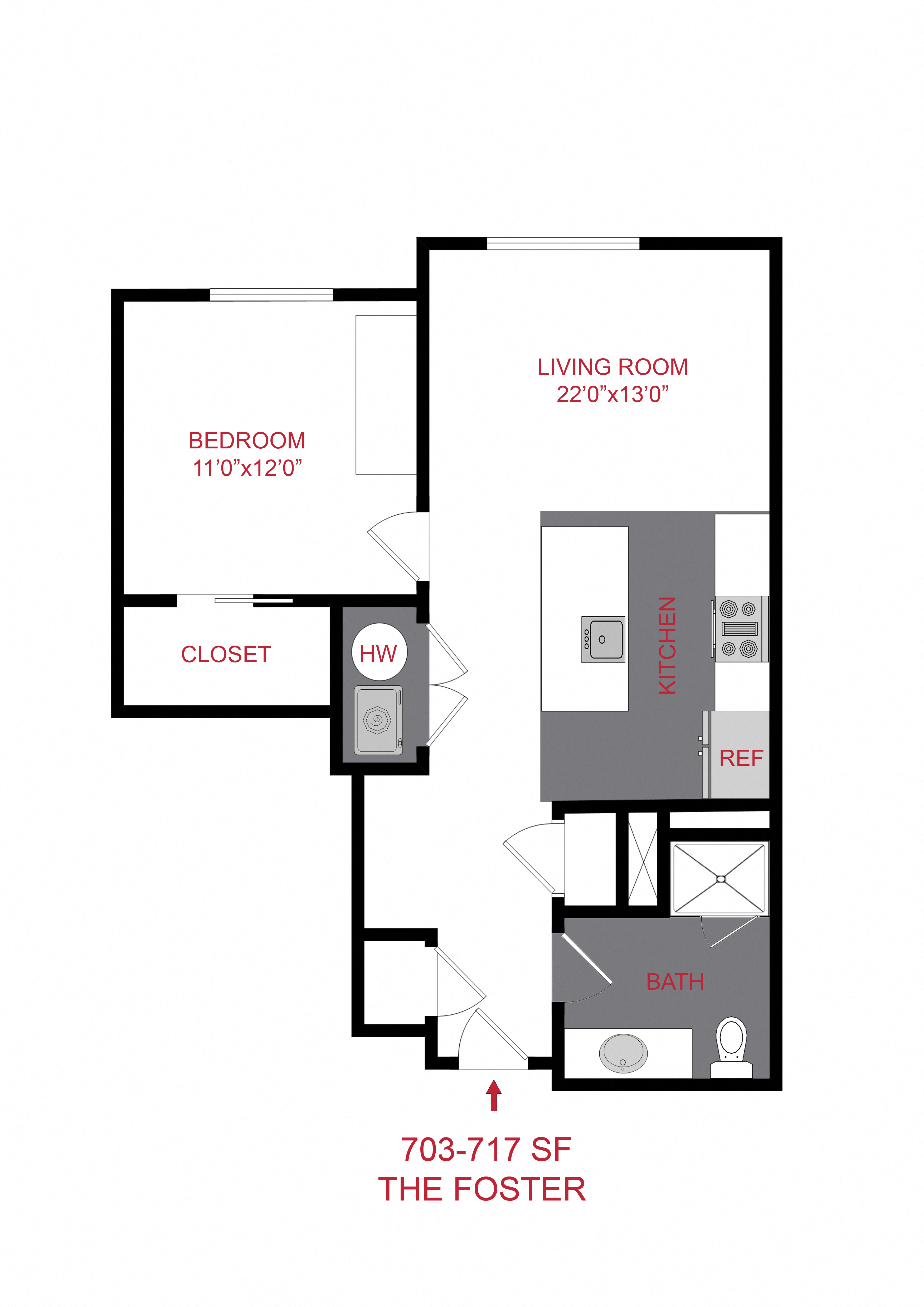 Floor plan for 1 bed, 1 bath, 710 sqft